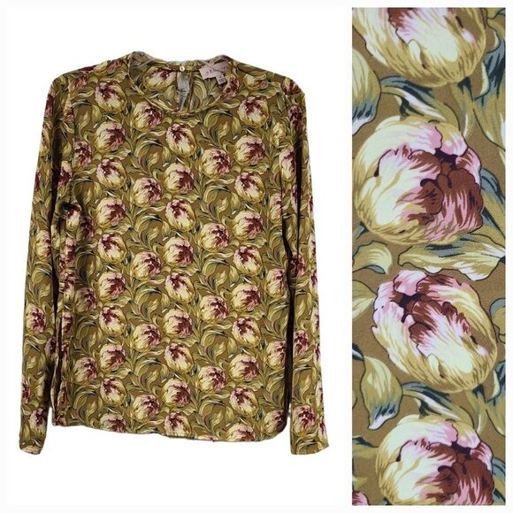 Philosophy Gold Floral Fringe Blouse S Boho Chiffon Long Sleeve Top Artsy Glam - Picture 2 of 14